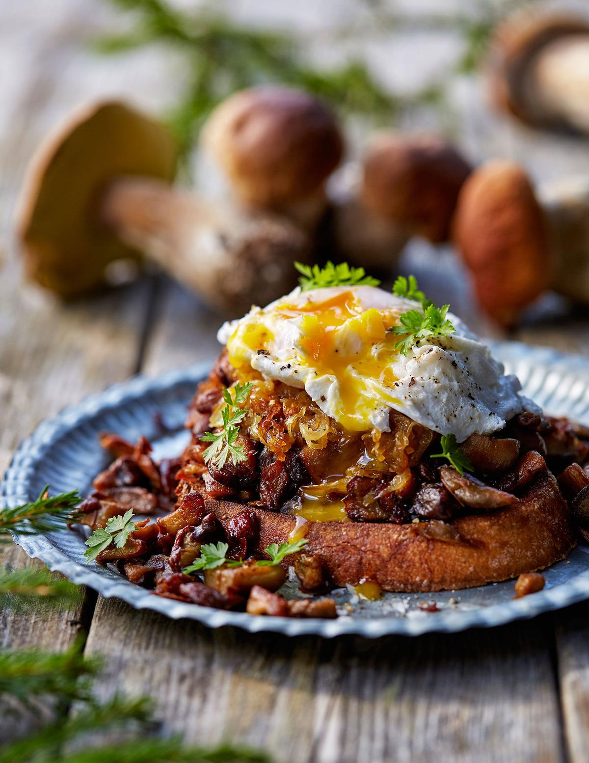 Smörstekt karljohan­svamp på surdegsbröd med parmesan, karamelliserad lök och pocherat ägg