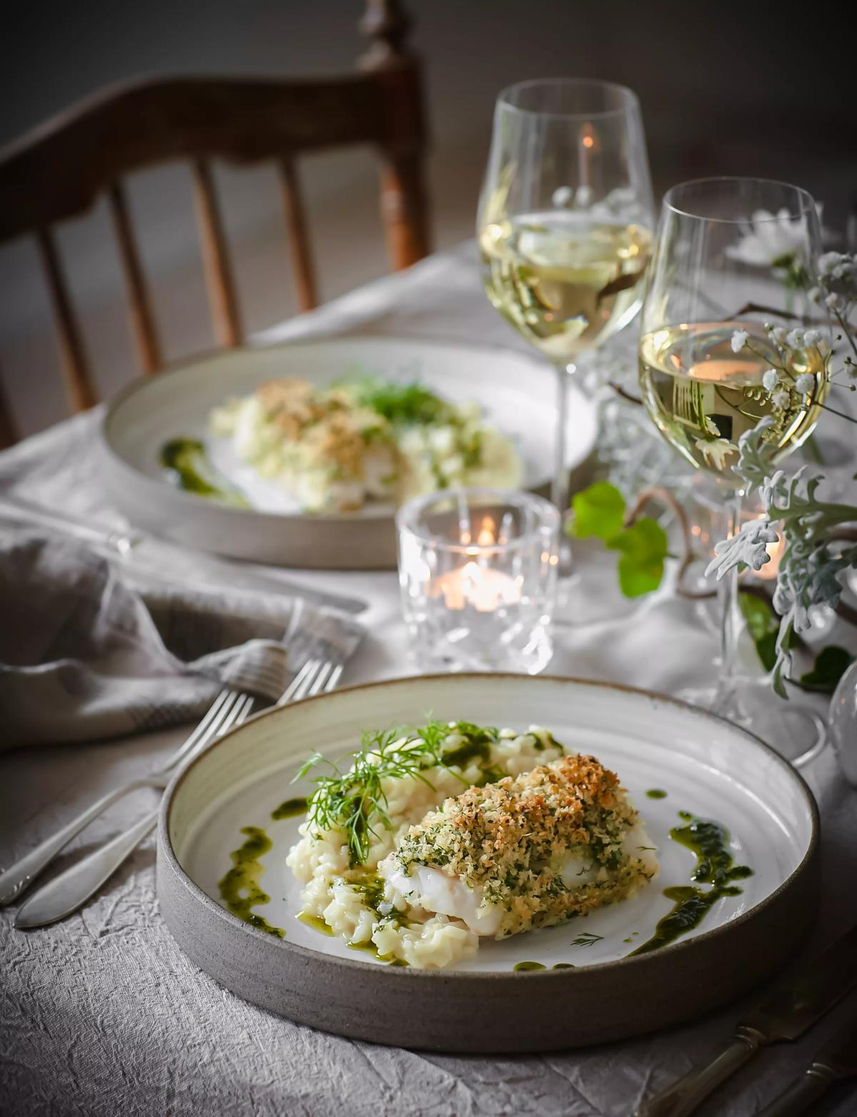 Risotto och torsk med ört- § parmesan­täcke 