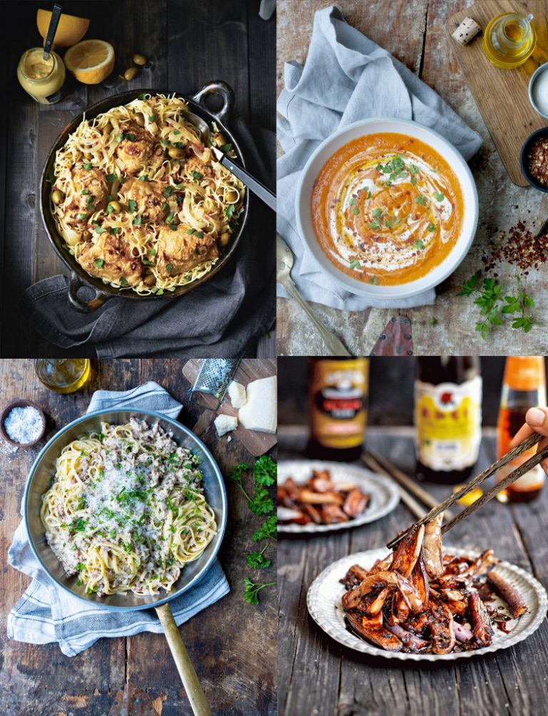 Ett kollage med fyra olika bilder med vardagsmåltider.